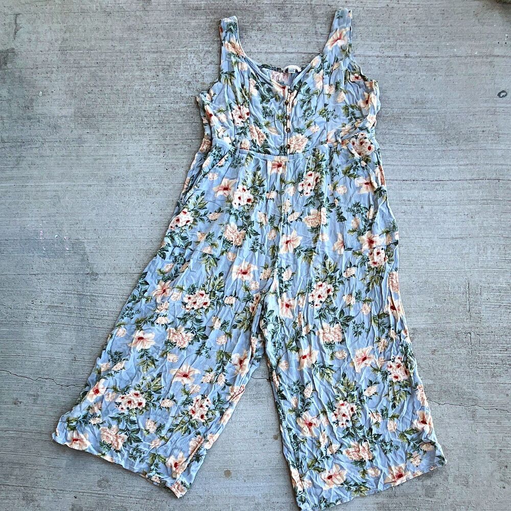American Eagle Jumpsuit Womens XL Blue Floral Wide Leg Cottagecore Boho Feminine